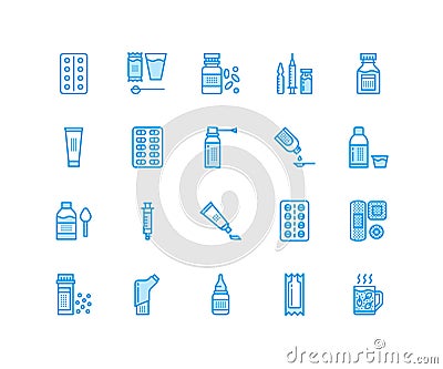 Medicines, dosage forms line icons. Pharmacy medicaments, tablet, capsules, pills, antibiotics, vitamins painkillers Vector Illustration