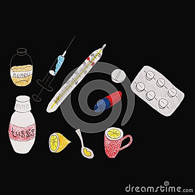 medicines for flu,colds,fever, coronavirus antipyretics, pills,cough syrup,lemon, Stock Photo