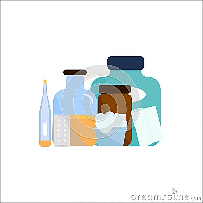 Medicines isolated illustration. Cotton wool, bottle, thermometer, tablets, bandage, jar Vector Illustration