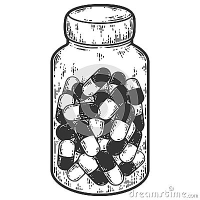Medicines, jar of pills. Sketch scratch board imitation. Black and white. Cartoon Illustration