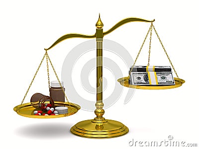 Medicines and money on scales. Isolated 3D Stock Photo