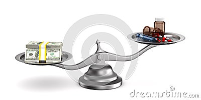 Medicines and money on scales. Isolated 3D illustration Cartoon Illustration