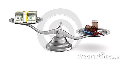 Medicines and money on scales. Isolated 3D illustration Cartoon Illustration