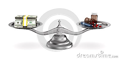 Medicines and money on scales. Isolated 3D illustration Cartoon Illustration