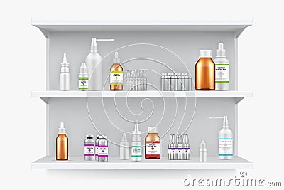 Medicines on shelf at pharmacy realistic vector illustration. Plastic and glass bottle container Vector Illustration