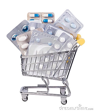 Medicines in a shopping cart, health care cost concept Stock Photo