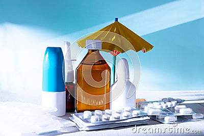 Medicines for travel, sea, health concept for vocations Stock Photo