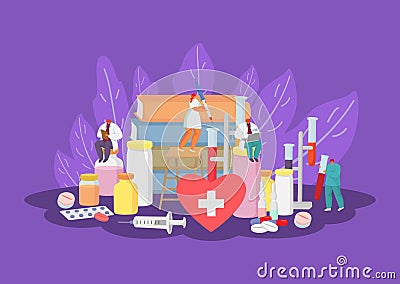 Medics concept with doctors, medical workers and medicine treatment healthcare miniature people vector illustration. Vector Illustration