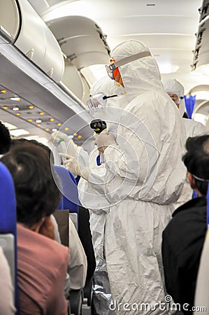 Medics in white protective suits checking and scanning passengers in a plane for epidemic virus symptoms. Chinese new Wuhan Cartoon Illustration