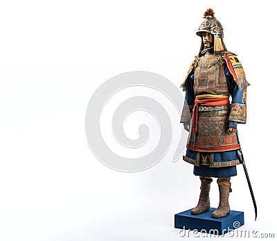 Medieval ancient Mongolian warrior in armor. White background, isolate. AI generated. Stock Photo