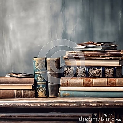 Medieval antique books on a wooden table in a vintage library Stock Photo