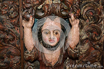 Medieval Antique carved wood man image Stock Photo