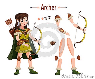Medieval archer woman in armor, with bow in hand, cloak, attributes. For animation in games, applications. Vector Vector Illustration