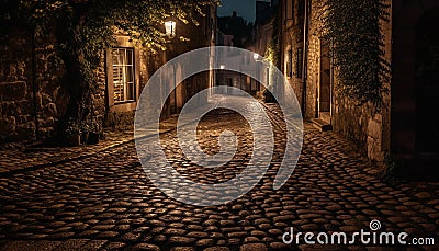 Medieval architecture illuminated by old fashioned lanterns on cobblestone streets generated by AI Stock Photo