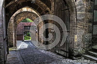 Medieval archway and gate in Rothenburg ob der Tauber, Bavaria Stock Photo