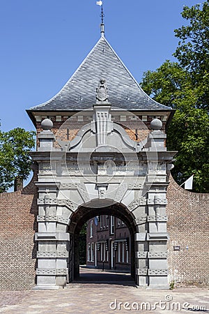 Medieval archway to the port of the picturesque village Schoonhoven near the river Lek in the Netherlands Stock Photo