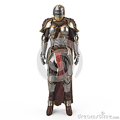 Medieval armor of fantasy full of women with a closed helmet and red cape. isolated white background. 3d illustration Cartoon Illustration