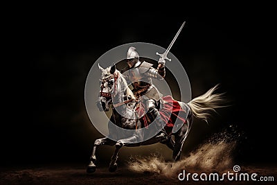 Medieval armored knight galloping horse in smoke of dust. Generative AI Stock Photo