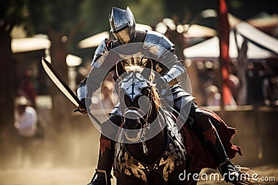 Medieval armored knight riding horse galloping for attack. Generative AI Stock Photo