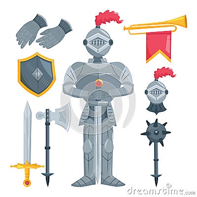 Medieval armored knight with sword. Middle ages knight weapon set. Vector Illustration