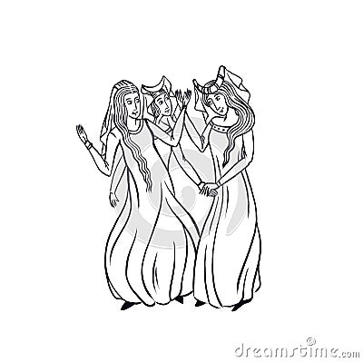 Medieval art of three middle ages women going out, dark ages ladies hangout dancing, talking and enjoying Stock Photo