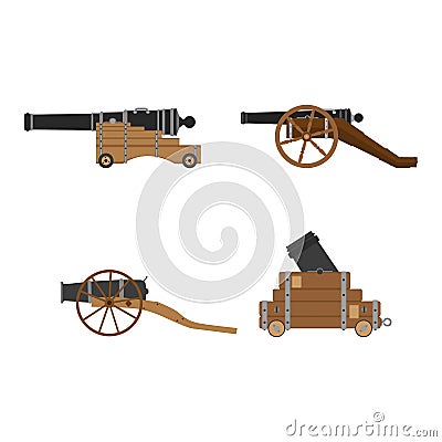 Medieval artillery cannon set vector flat illustration design concept. Castle defense weapon Vector Illustration