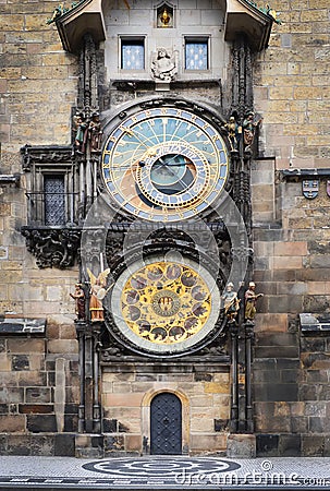 Medieval Astronomic clock (Orloj) on the Old Town Hall tower Stock Photo
