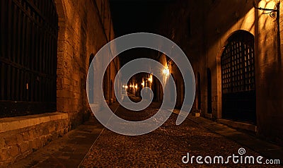 Medieval Avenue of the Knights at night, Rhodes Stock Photo