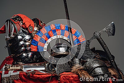Armor and weapons of scandinavian warrior and roman soldier Stock Photo