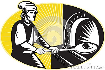 Medieval baker baking bread pan oven retro Stock Photo