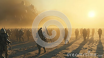 Medieval battle scene. Military silhouettes fighting scene on a desert Stock Photo