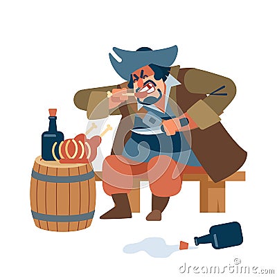Medieval big man. Scary pirate eats meat with pleasure with a knife in his hand. The character of the pirate. Vector Vector Illustration