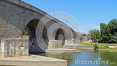 Medieval bridge over the Danube at Regensburg Stock Photo