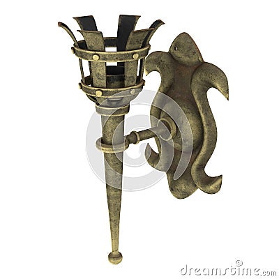 Medieval bronze wall torch on an isolated white background, 3d illustration Cartoon Illustration