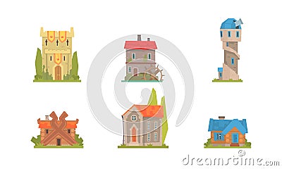 Medieval Buildings Set, Ancient Stone and Wooden Houses and Castles Cartoon Vector Illustration Vector Illustration