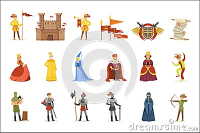 Medieval Cartoon Characters And European Middle Ages Historic Period Attributes Set Of Icons Vector Illustration