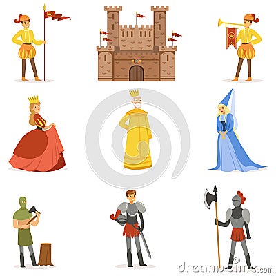 Medieval Cartoon Characters And European Middle Ages Historic Period Attributes Set Of Icons Vector Illustration