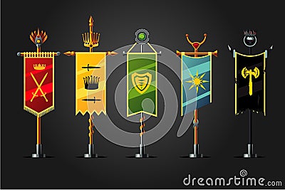 Medieval cartoon flag set. Insignia game design icon collection. Fantasy concept, Vector Illustration