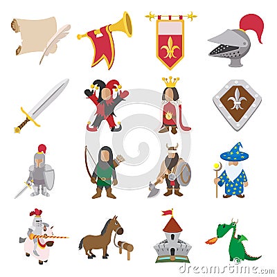 Medieval cartoon icons set Vector Illustration