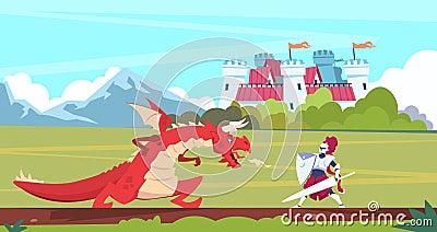 Medieval cartoon scene. Dragon and knight warrior fight, monster and prince fairy tale flat characters. Vector medieval Vector Illustration