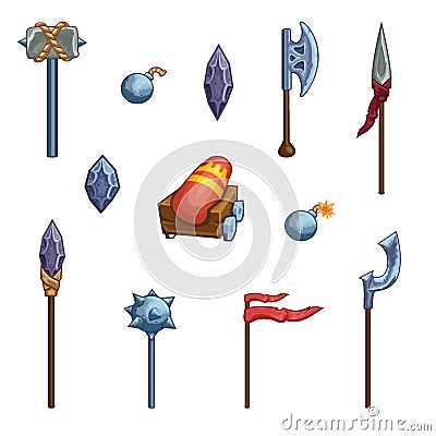 Medieval cartoon weapons. Game icons. Vector Illustration
