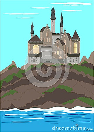 Medieval castle, ancient citadel or impregnable fortress with stone towers on rocky peak. Vector Illustration