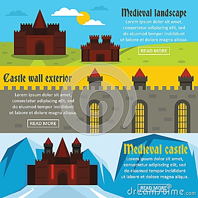 Medieval castle banner horizontal set, flat style Vector Illustration