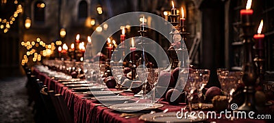 Medieval castle banquet majestic hall with candlelit tables, royal feasts, and golden sunlight Stock Photo
