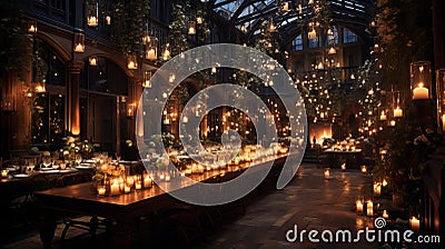 Medieval castle banquet opulent feasting in grand hall with candlelit tables and golden sunlight Stock Photo