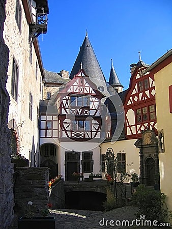 Romantic Inner Courtyard of Buerresheim Castle in Eifel Mountains near Mayen, Rhineland-Palatinate, Germany Stock Photo