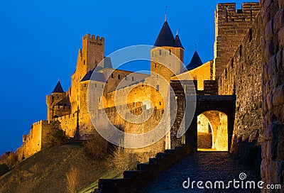 Medieval castle of Carcassonne in evening Stock Photo