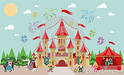 Medieval Castle with characters (king, princess, magician, knights and jester) and fireworks. Vector Illustration