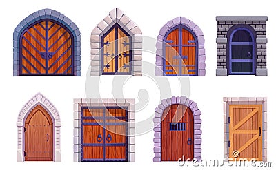 Medieval castle doors. Ancient palace gates or old building carpentry door, entry gate mystery cellar stone gothic house Cartoon Illustration