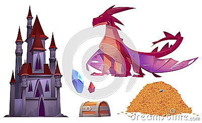 Medieval castle, dragon, gold coins and treasure Vector Illustration